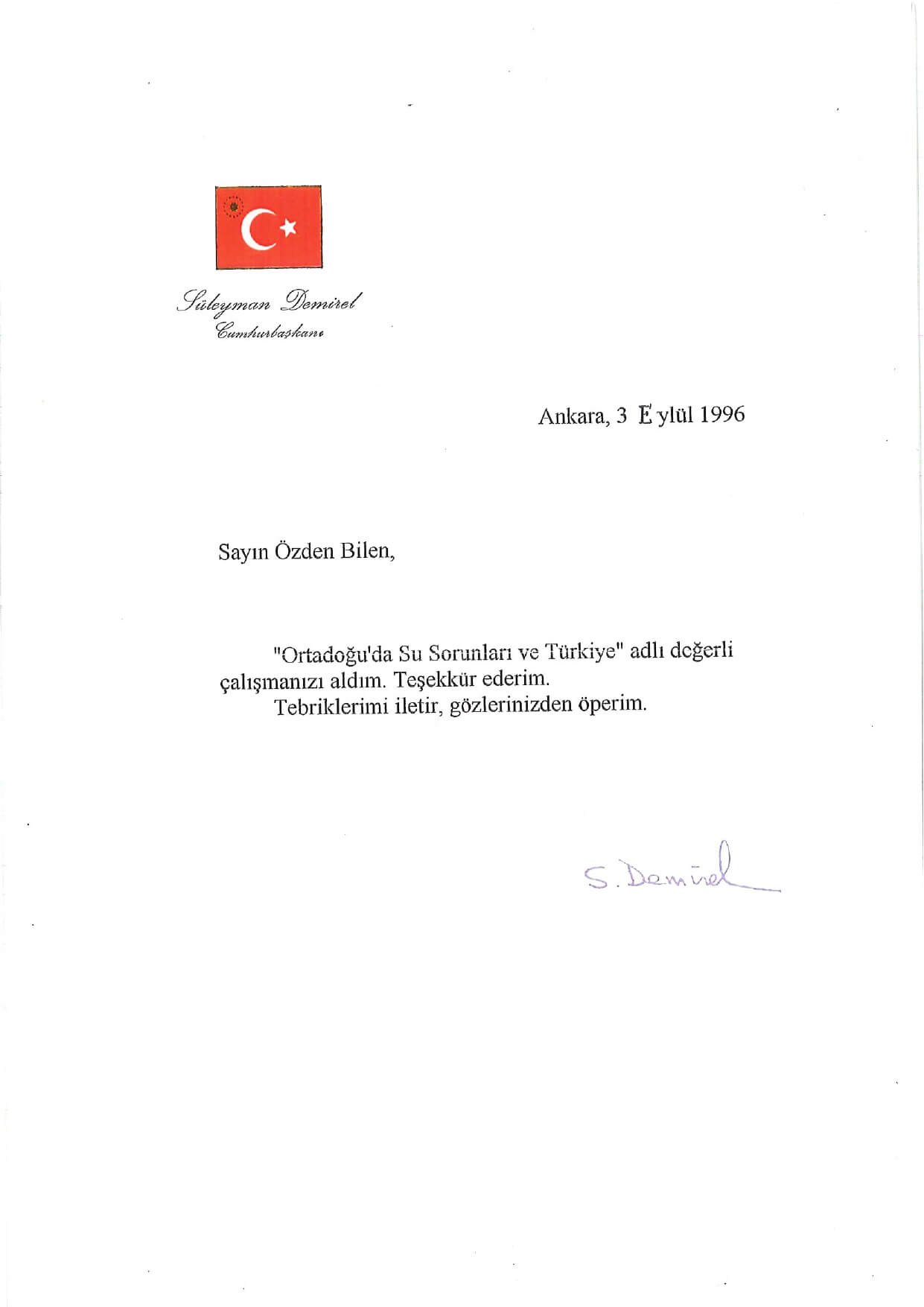 9. Cumhurbaşkanı Süleyman Demirel'in Şahsıma Yazdığı Mektup